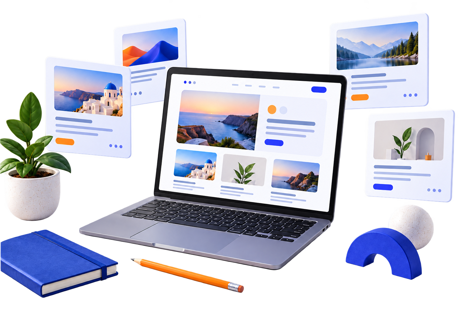 A laptop surrounded by blog designs, a notebook, and creative tools.
